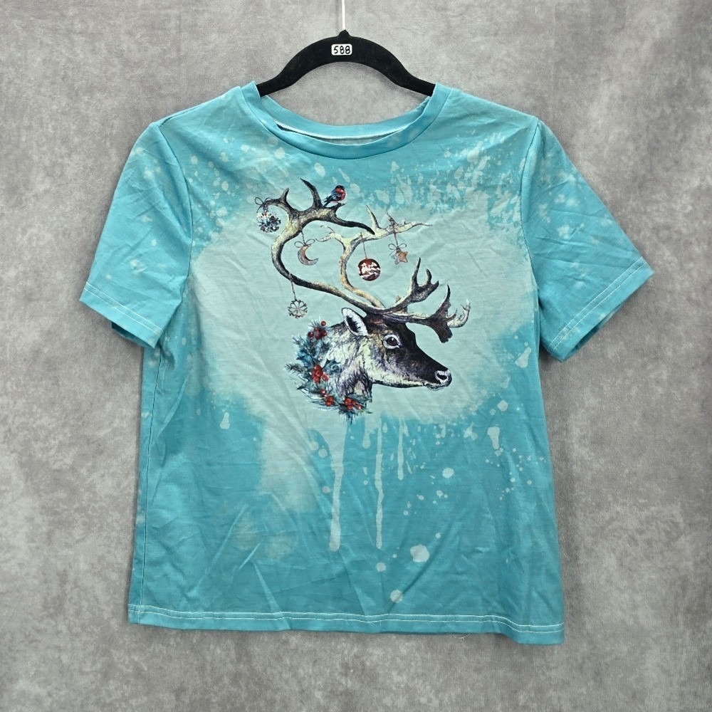 Blue‎ Reindeer Moose Christmas Holiday Festive Print Tshirt Top Small